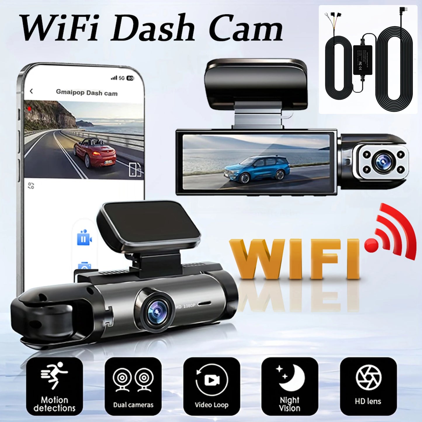 1080P WIFI Dual camera Dash Cam for cars, with IR Night Vision,