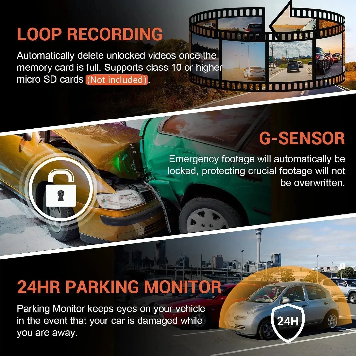 1080P WIFI Dual camera Dash Cam for cars, with IR Night Vision,