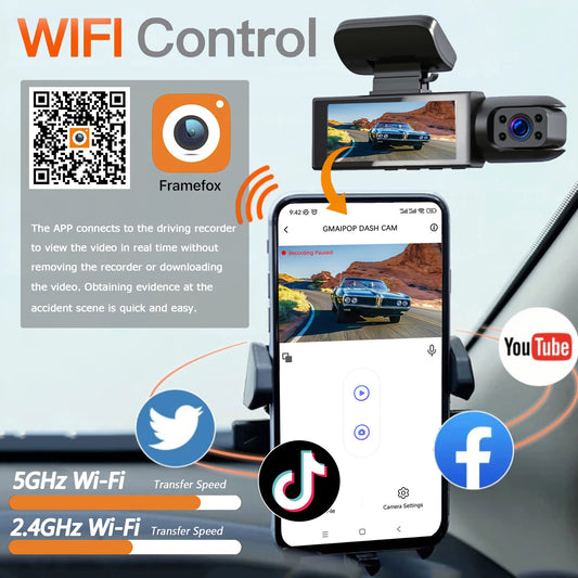 1080P WIFI Dual camera Dash Cam for cars, with IR Night Vision,